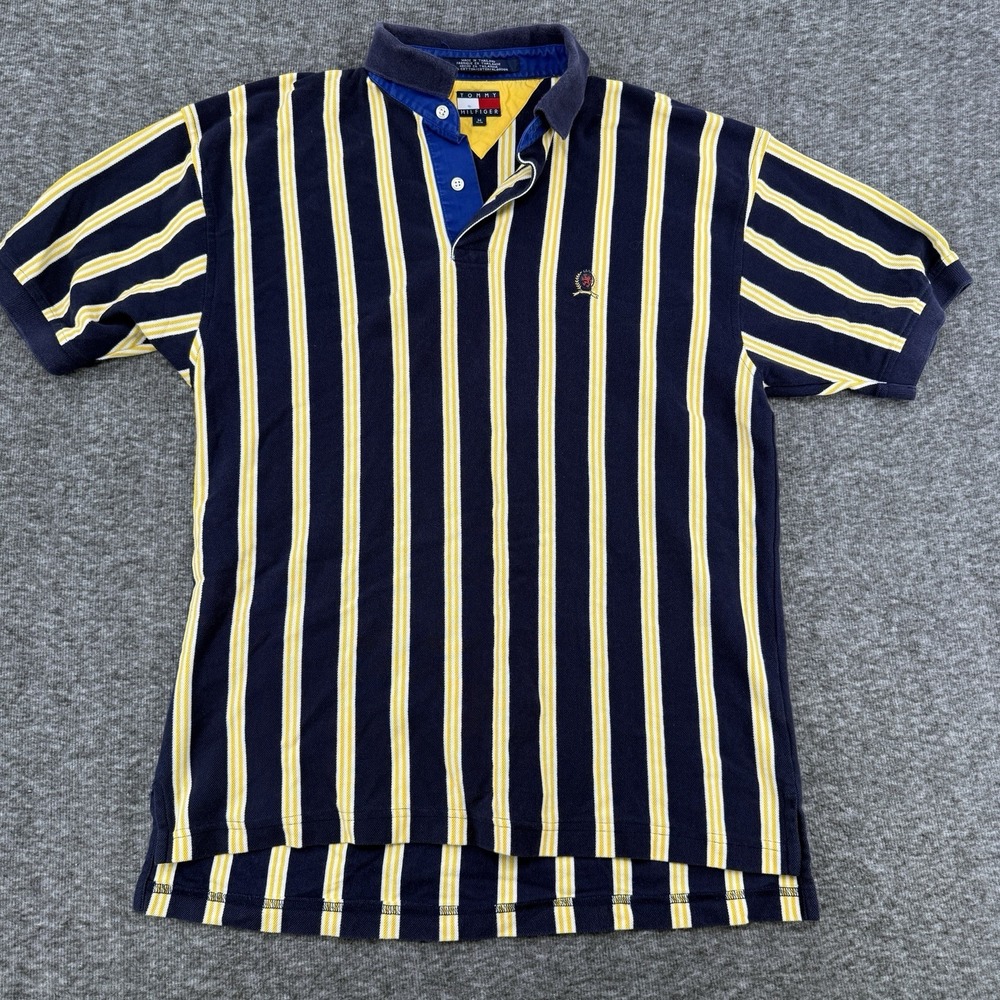 Vintage Tommy Hilfiger Crest Striped Polo Shirt Navy Yellow Mens Size Medium M